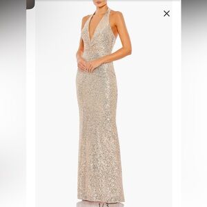 Sequined Halter Strap Plunge Neck Gown